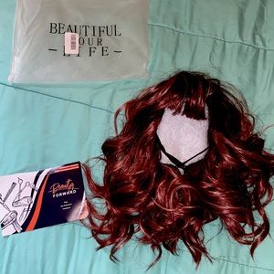 Bob Wig with Bangs for Women Synthetic Burgundy Hair Wavy With black roots